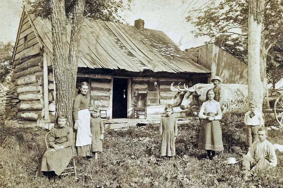 Family of settlers posing in front of a log cabin with a shingle roof, a plank porch and an ox, late 19th century