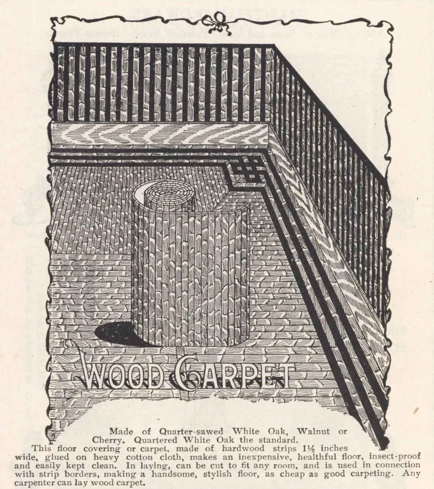 Late-1800s catalog illustration titled Wood Carpet, showing a roll of hardwood strip flooring with a patterned border laid in a room
