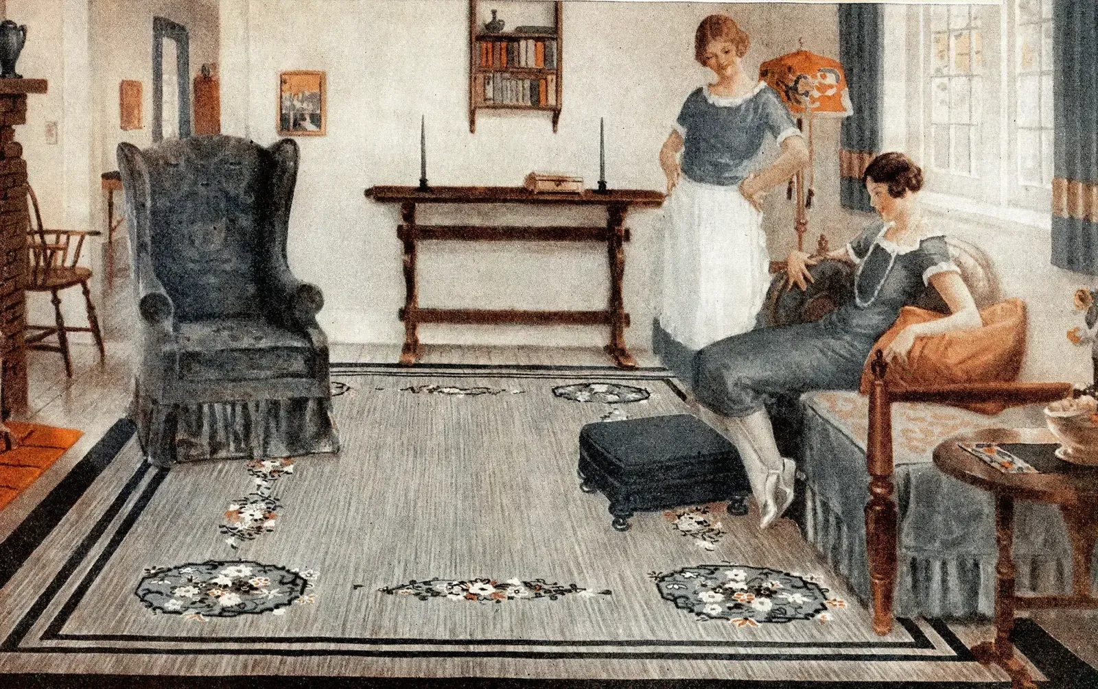 1927 magazine illustration of a living room with a gray linoleum floor patterned with flowers and border lines, two women and a wing chair