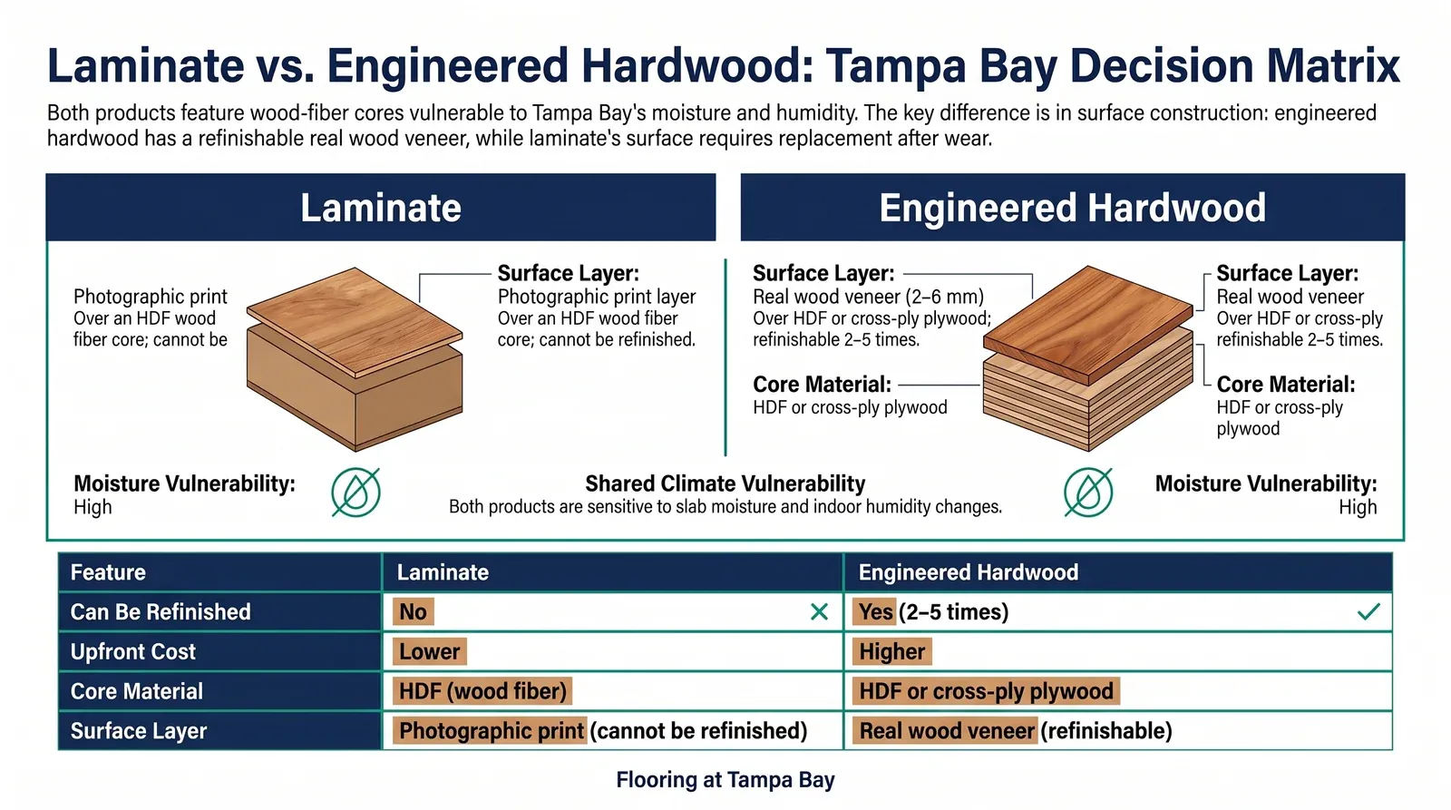 Laminate vs engineered hardwood cross-section comparison showing refinishing advantage for Tampa Bay Florida homes