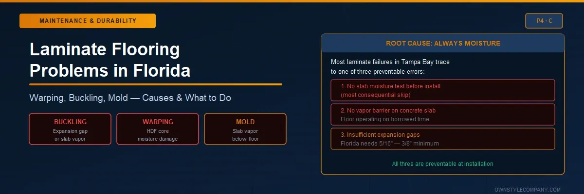 Laminate flooring failure patterns in Florida showing warping, buckling, and joint separation causes and solutions for Tampa Bay homes