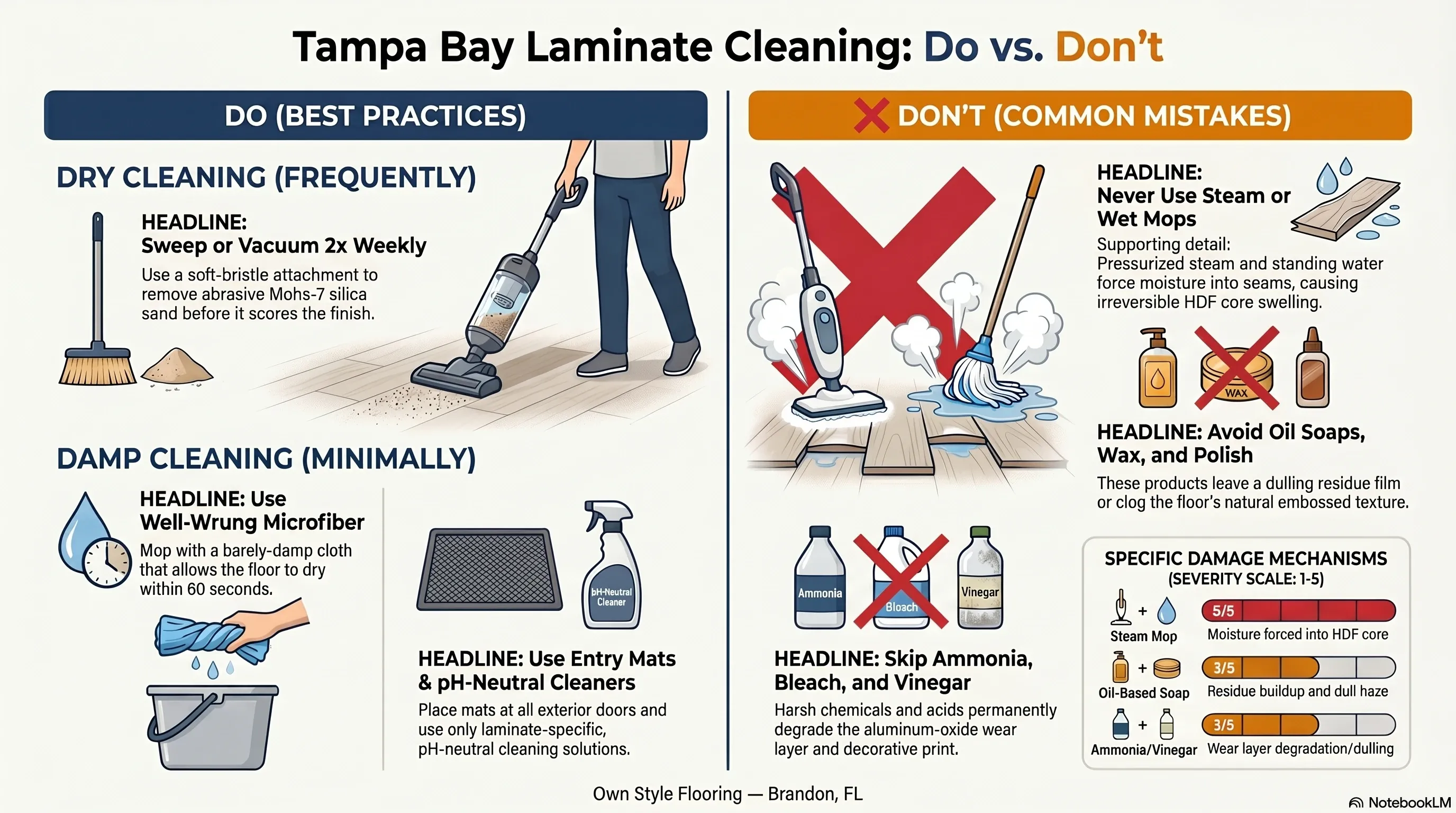 Laminate floor cleaning routine for Tampa Bay Florida showing correct methods and products to avoid in humid climate