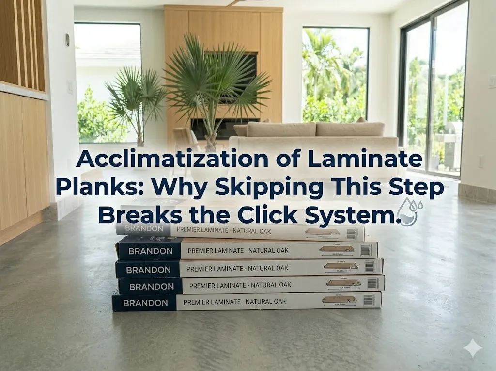 Sealed laminate flooring boxes stacked crosswise in a living room during the mandatory 48-hour acclimatization period