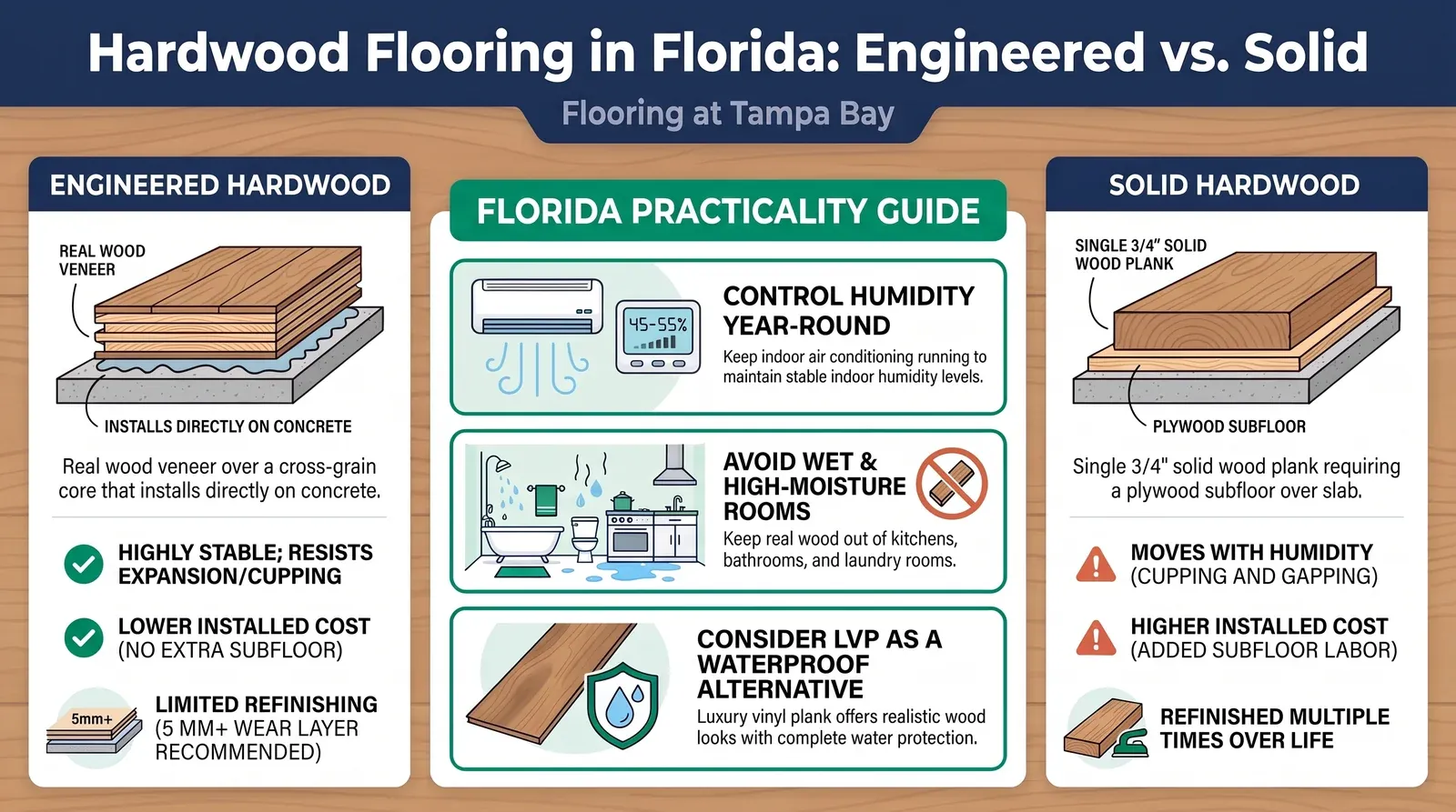 Split-screen showing engineered hardwood plank cross-section with plywood layers and solid hardwood single-piece plank on a Florida slab