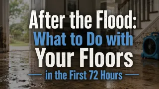 Water-damaged flooring being removed in a Tampa Bay home after hurricane flooding