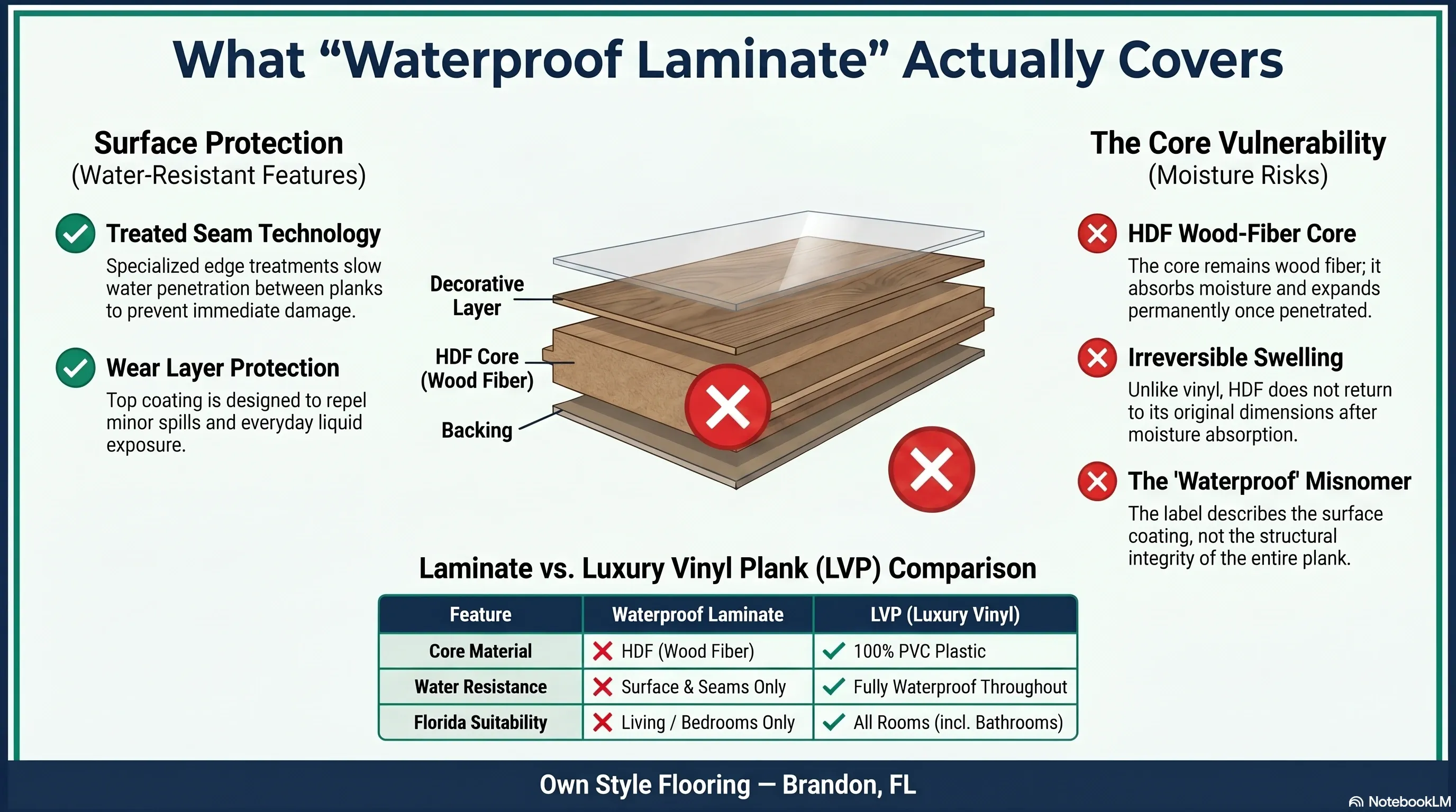 Cross-section of waterproof laminate plank showing HDF core vulnerability to moisture in Tampa Bay Florida homes