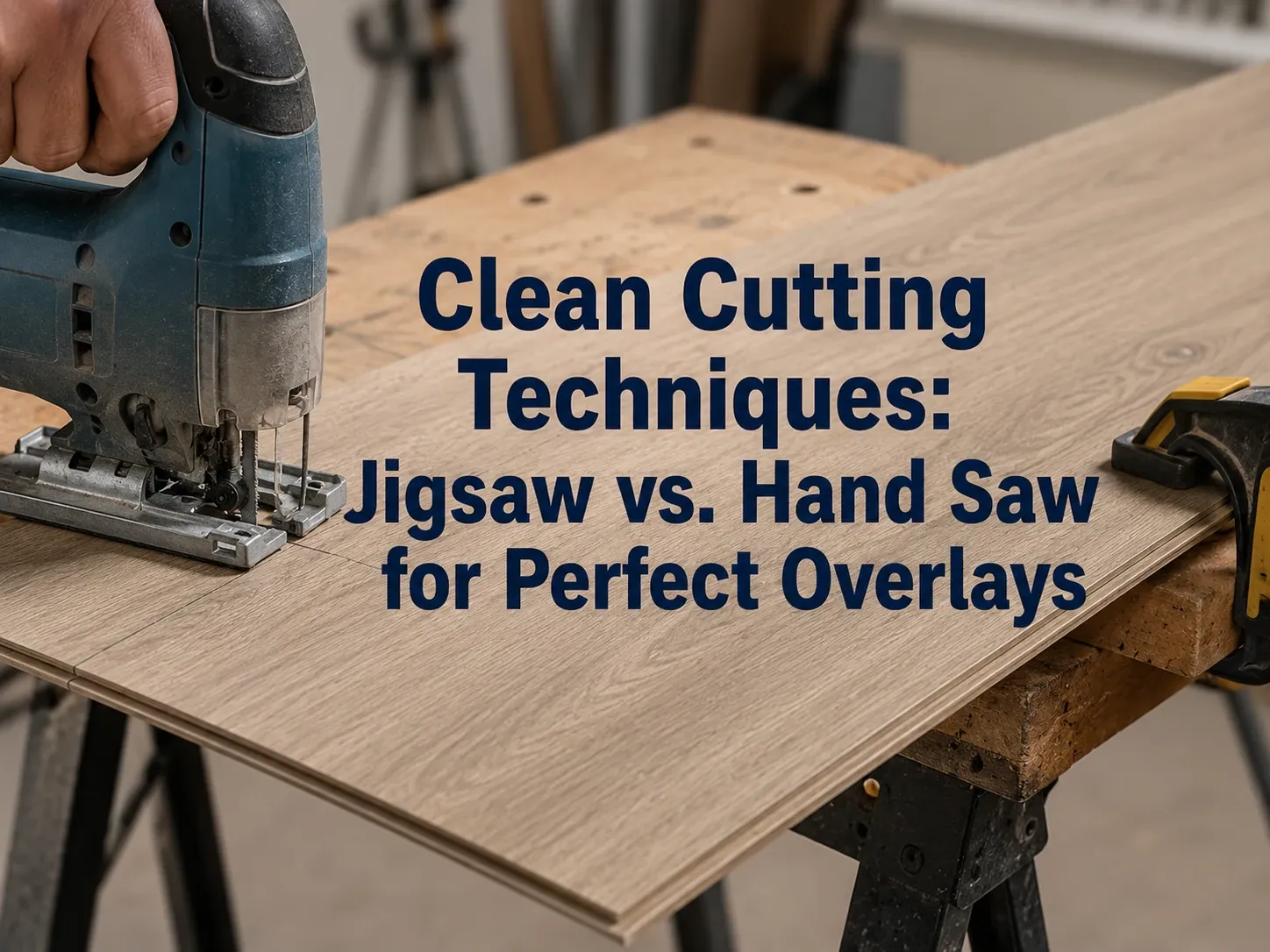 Professional installer cutting laminate plank face-down on a workbench with a jigsaw to prevent overlay chipping
