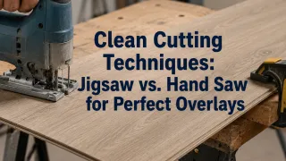 Professional installer cutting laminate plank face-down on a workbench with a jigsaw to prevent overlay chipping