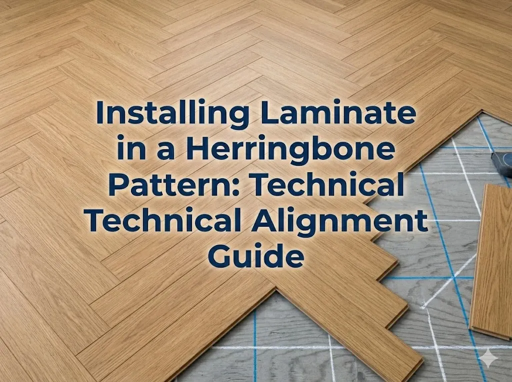 Partially installed herringbone laminate floor showing the center reference chalk line on the concrete subfloor