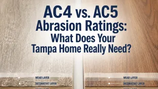 Side-by-side comparison of AC4 and AC5 laminate flooring wear layer cross-sections with Taber test cycle counts