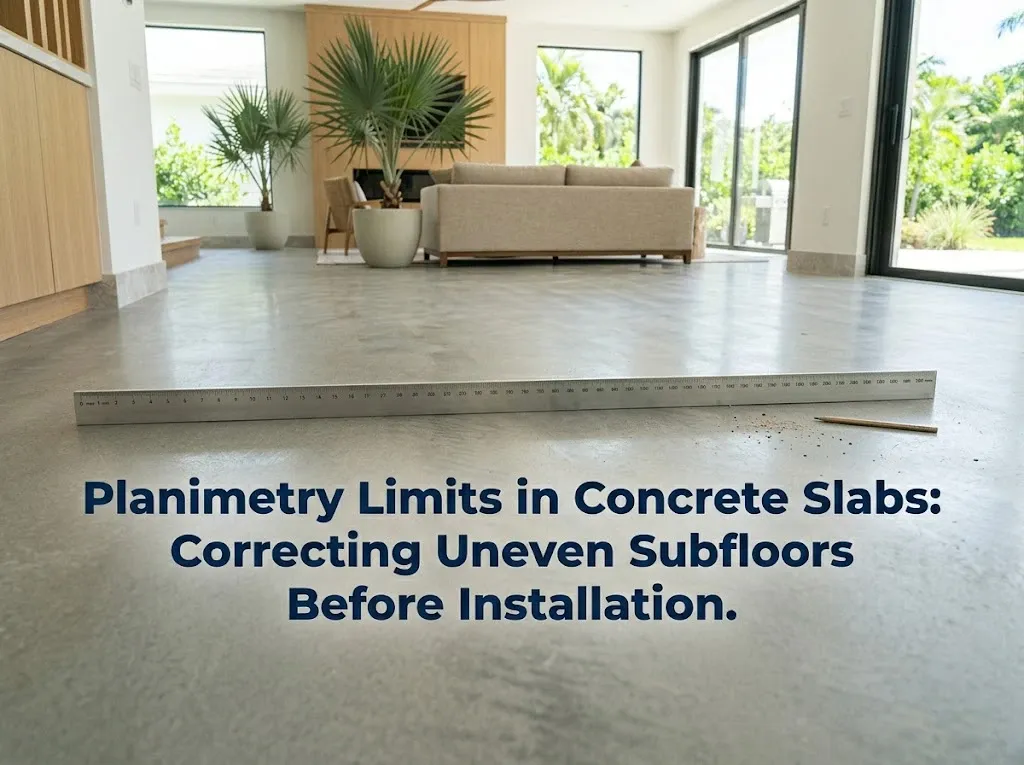 Professional straight-edge tool measuring the flatness of a concrete slab before flooring installation
