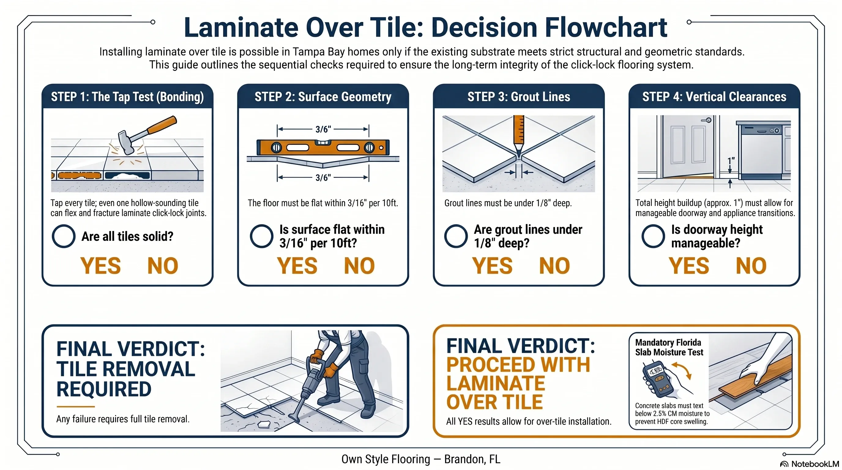 Laminate flooring installation over existing tile showing four conditions checklist for Tampa Bay Florida homes