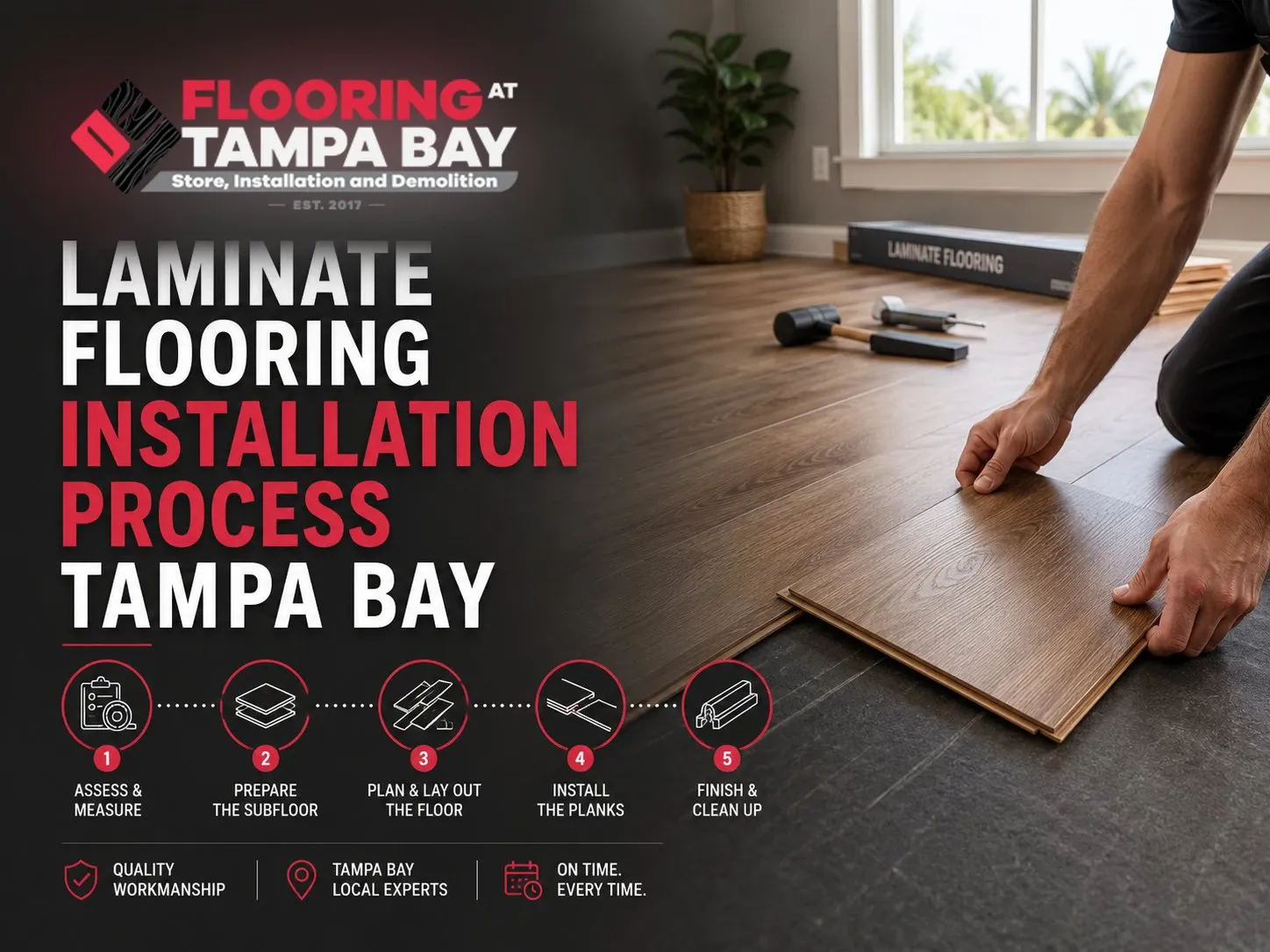 Laminate plank installation in progress across a prepared concrete slab in a Tampa home