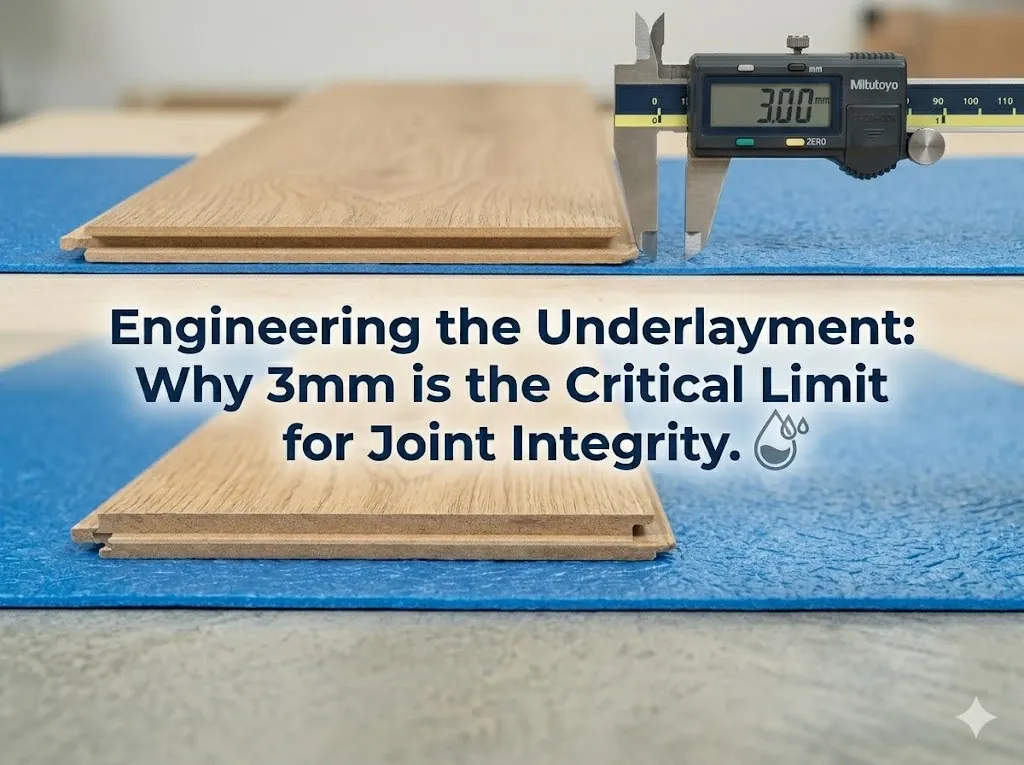 Digital caliper measuring a 3 mm high-density flooring underlayment on a concrete subfloor
