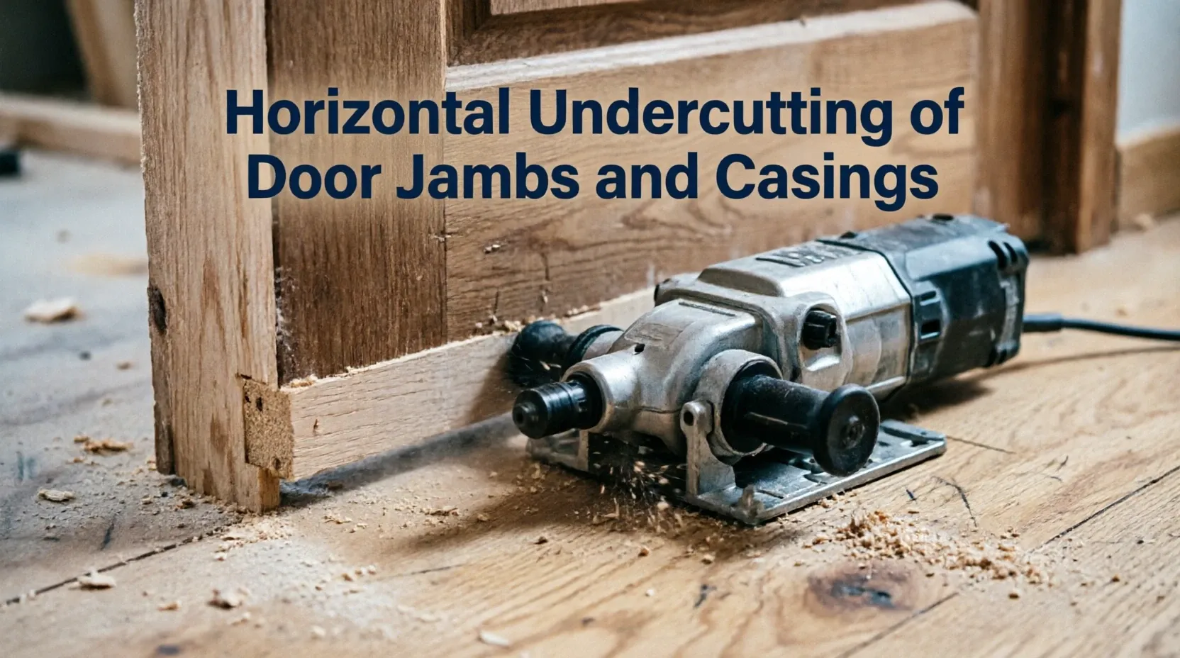 Professional flooring installer undercutting a door jamb to allow laminate planks to slide beneath the casing with full expansion clearance