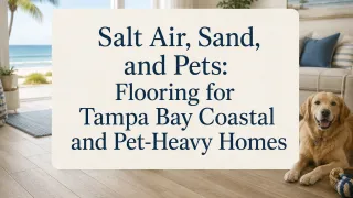 Large dog lying on textured LVP flooring in a coastal Tampa Bay home near a glass door