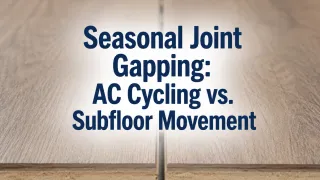 Close-up of seasonal gapping between laminate flooring planks due to low indoor humidity