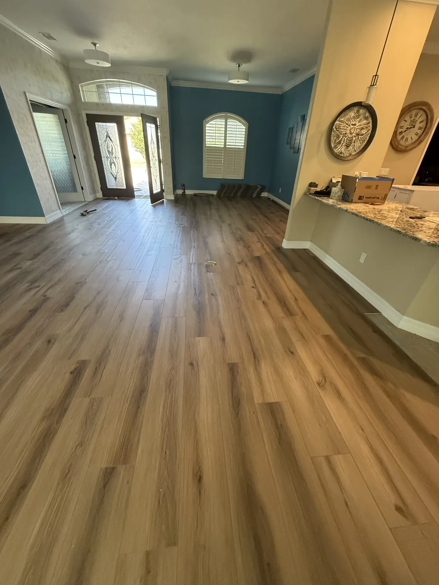 Entry and living area with wood-look vinyl plank newly installed, leading to a glass front door